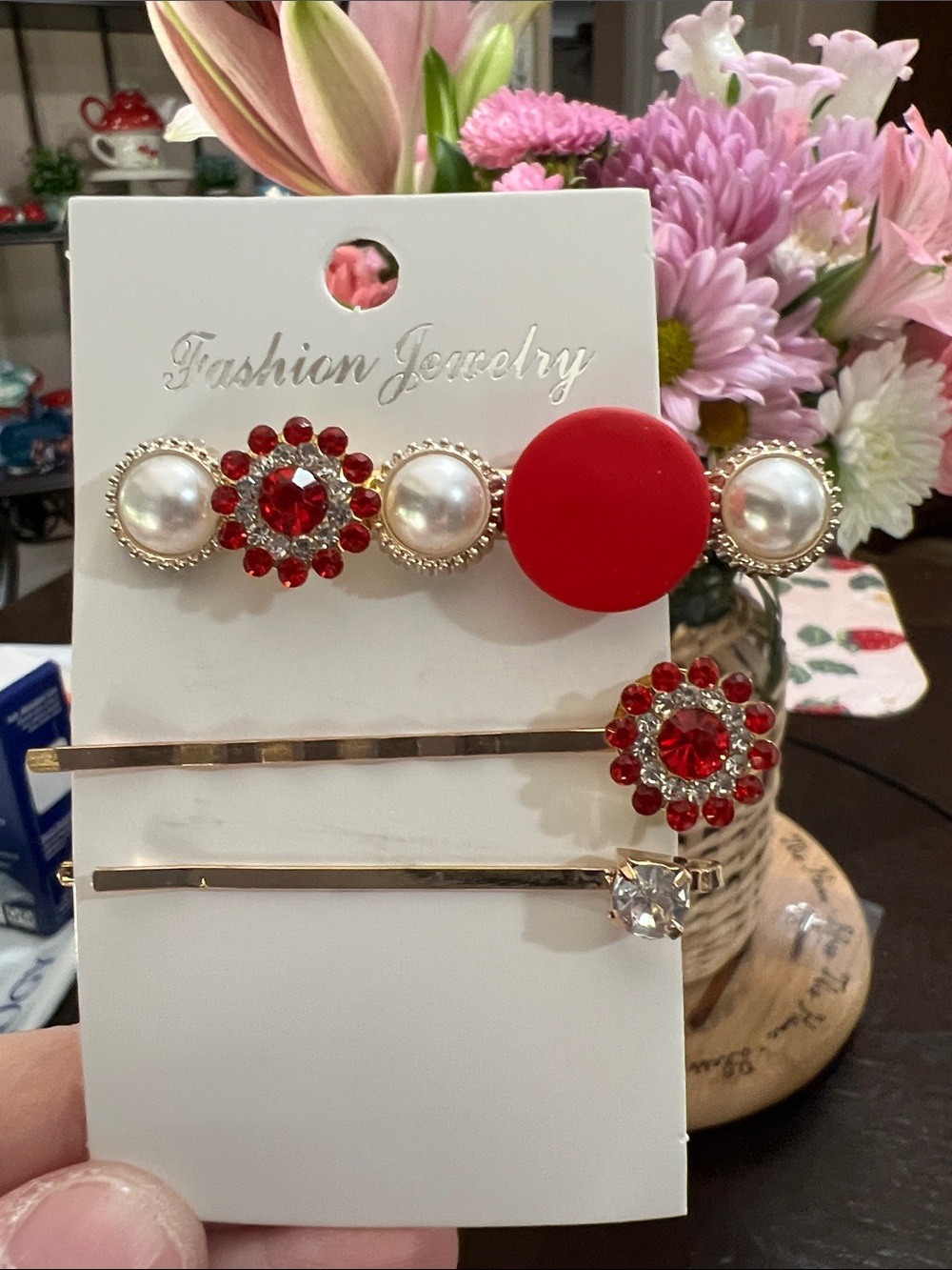 New Fashion Jewelry Red and Pearl Decorative Hair Clip Set